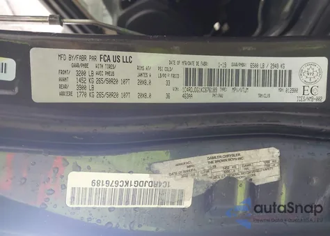 2019 Dodge Durango Gt из США, поврежденный, VIN 1C4RDJDG1KC676189